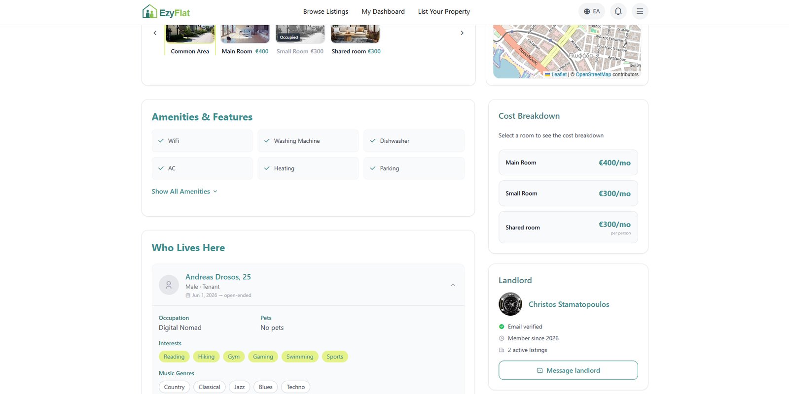 EzyFlat listing detail page: amenities, who lives here, cost breakdown and landlord card