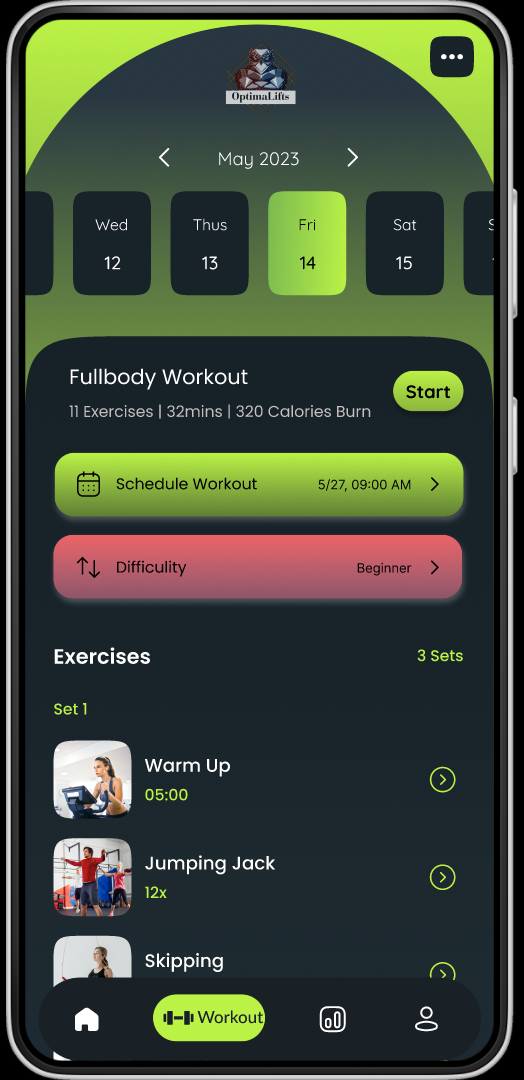 Scheduled workout plan screen with the OptimaLifts logo and a full-body exercise list